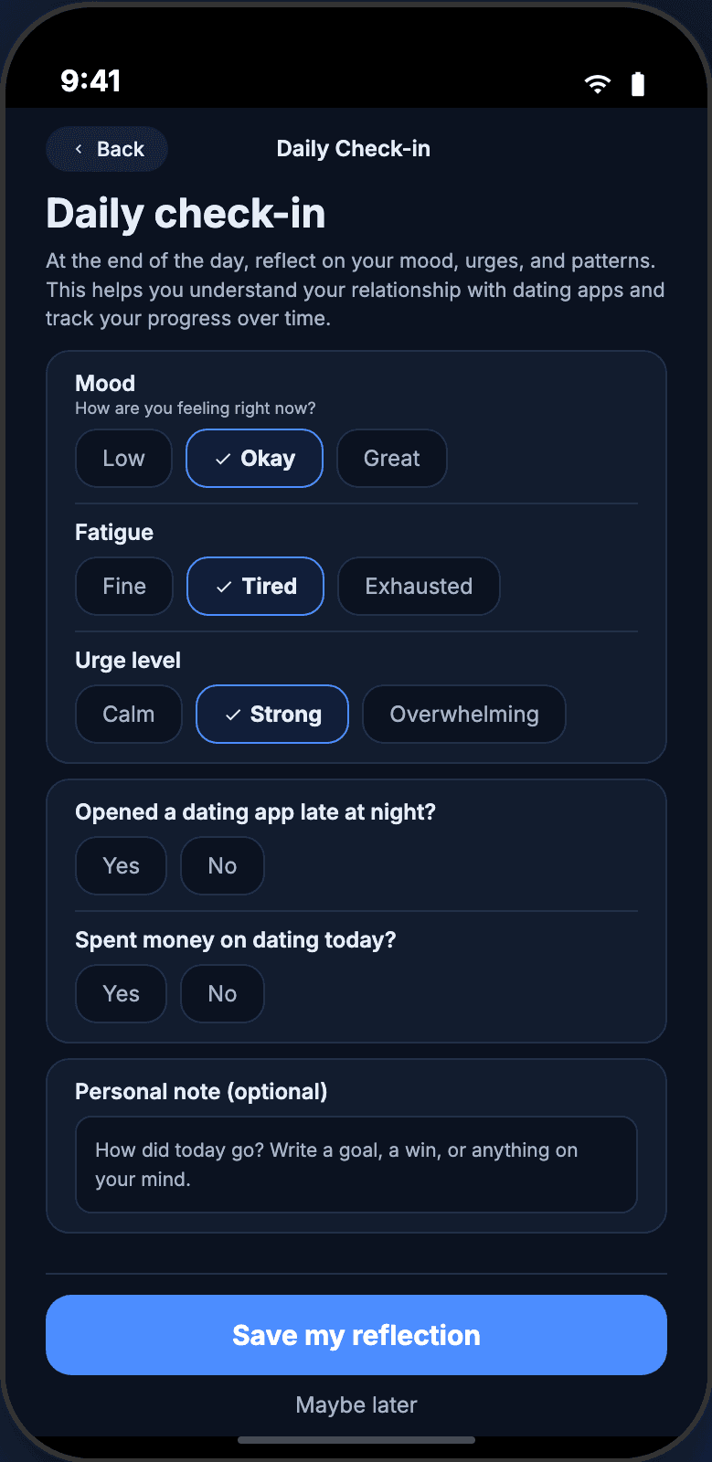 Unmatch daily check-in screen for tracking mood, fatigue, and urge levels