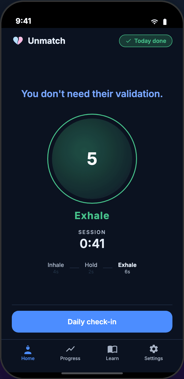 Unmatch app home screen showing the 60-second breathing reset