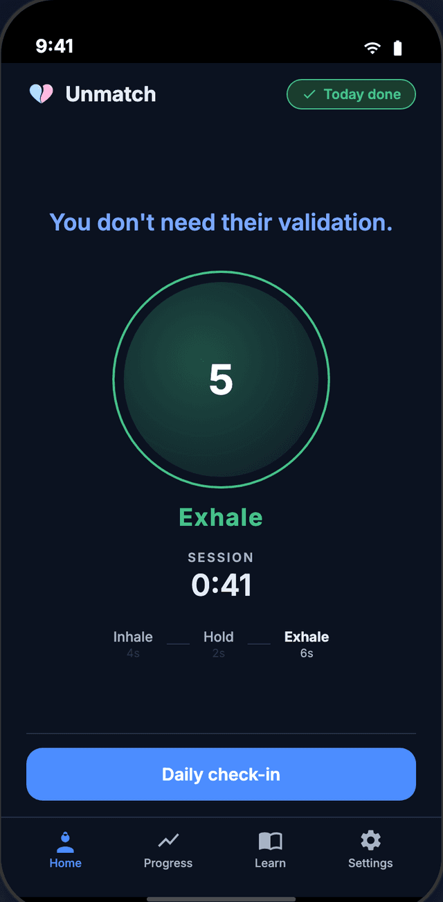 Unmatch app home screen showing the 60-second breathing reset